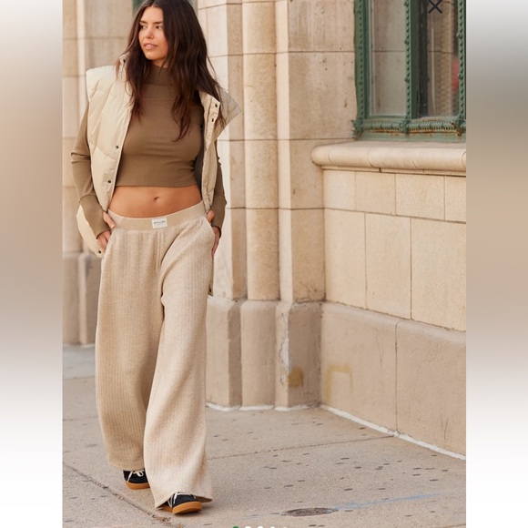 aerie Pants - Offline by Aerie Ribbed Wide Leg Lounge Pants Beige Soft Cozy XS Quilted